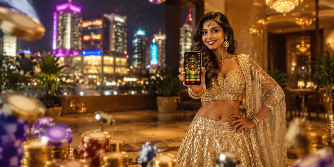 Young Indian woman playing slots on mobile phone in traditional lehenga at Bangalore MG Road