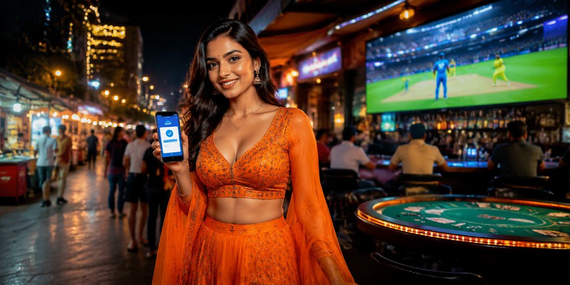 Indian night market with vibrant betting advertisement neon lights