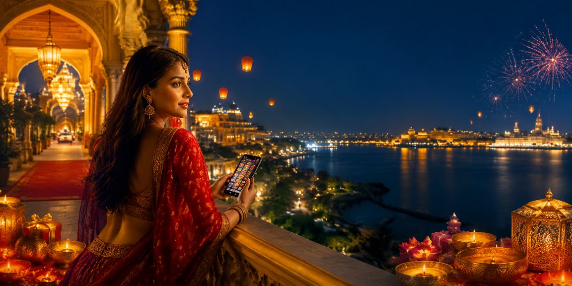 Player enjoying online slots on mobile device in India with traditional attire