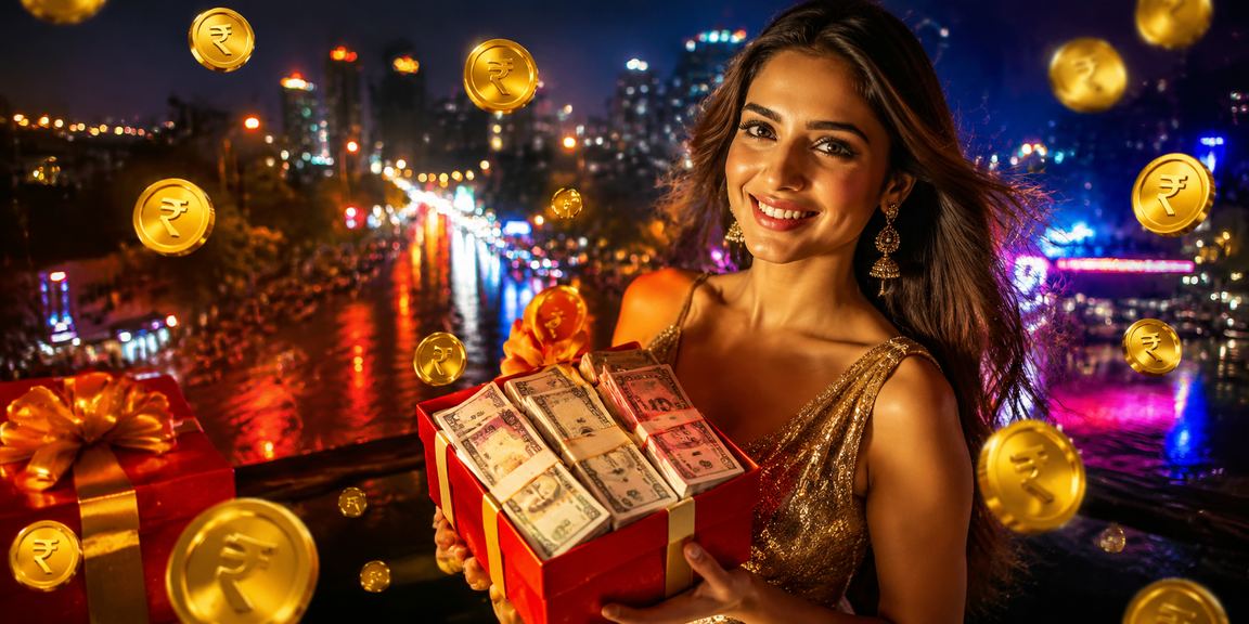 Night view of Mumbai city with casino lights and Indian rupee symbol